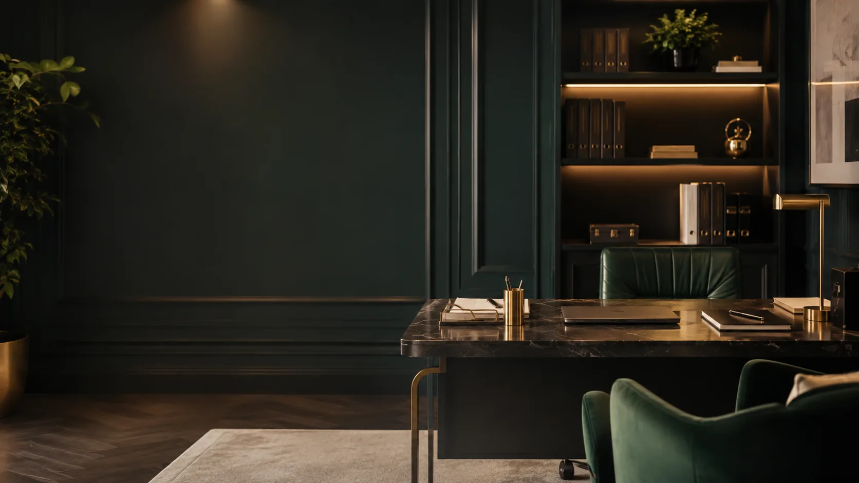 Dark green and gold executive office, the Wright Way Tax aesthetic